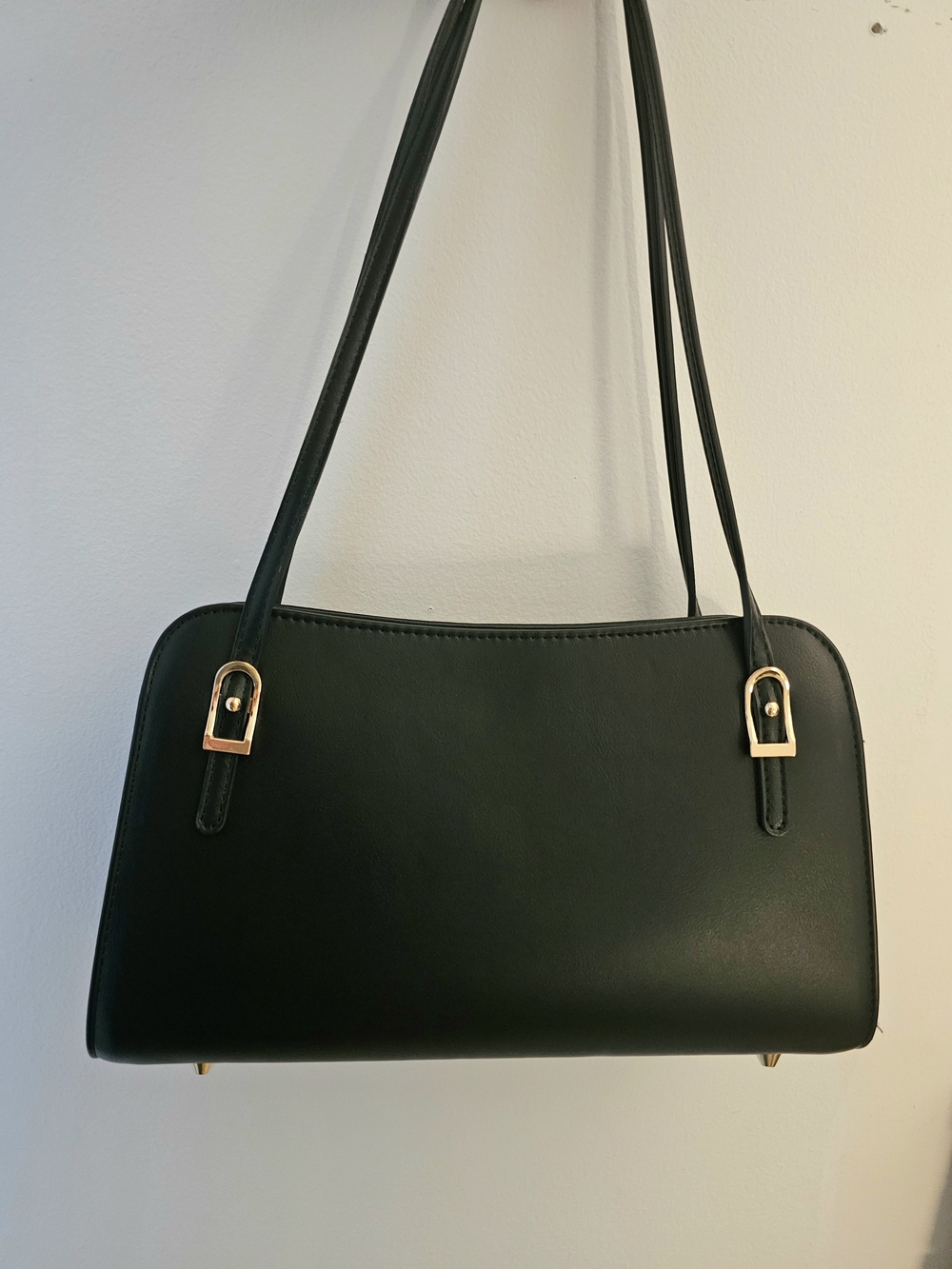 Classic Black Shoulder Bag with Gold Buckle Accents